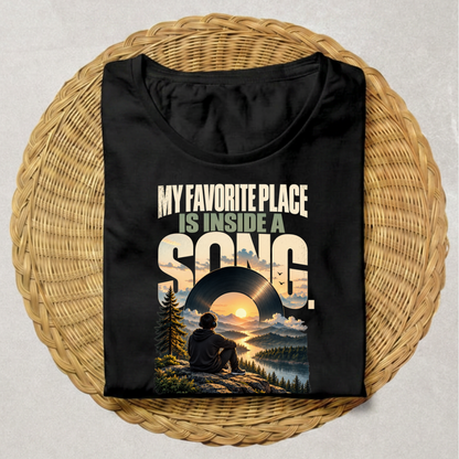 A black short-sleeve t-shirt with a scenic graphic print, laid flat on a round woven wicker placemat over a light gray surface. The graphic features the text 'MY FAVORITE PLACE IS INSIDE A SONG.