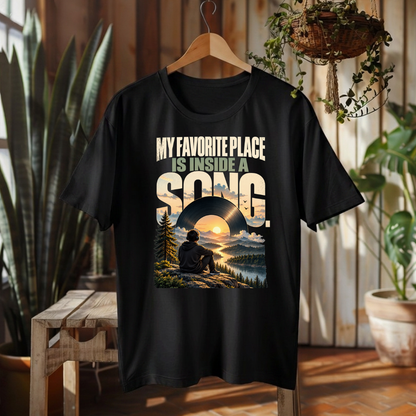 A black short-sleeve graphic t-shirt hanging on a wooden hanger against a rustic wood-paneled wall with plants and a bench. The shirt features a large graphic print with the text 'MY FAVORITE PLACE IS INSIDE A SONG' and an illustration of a person sitting by a lake at sunset.