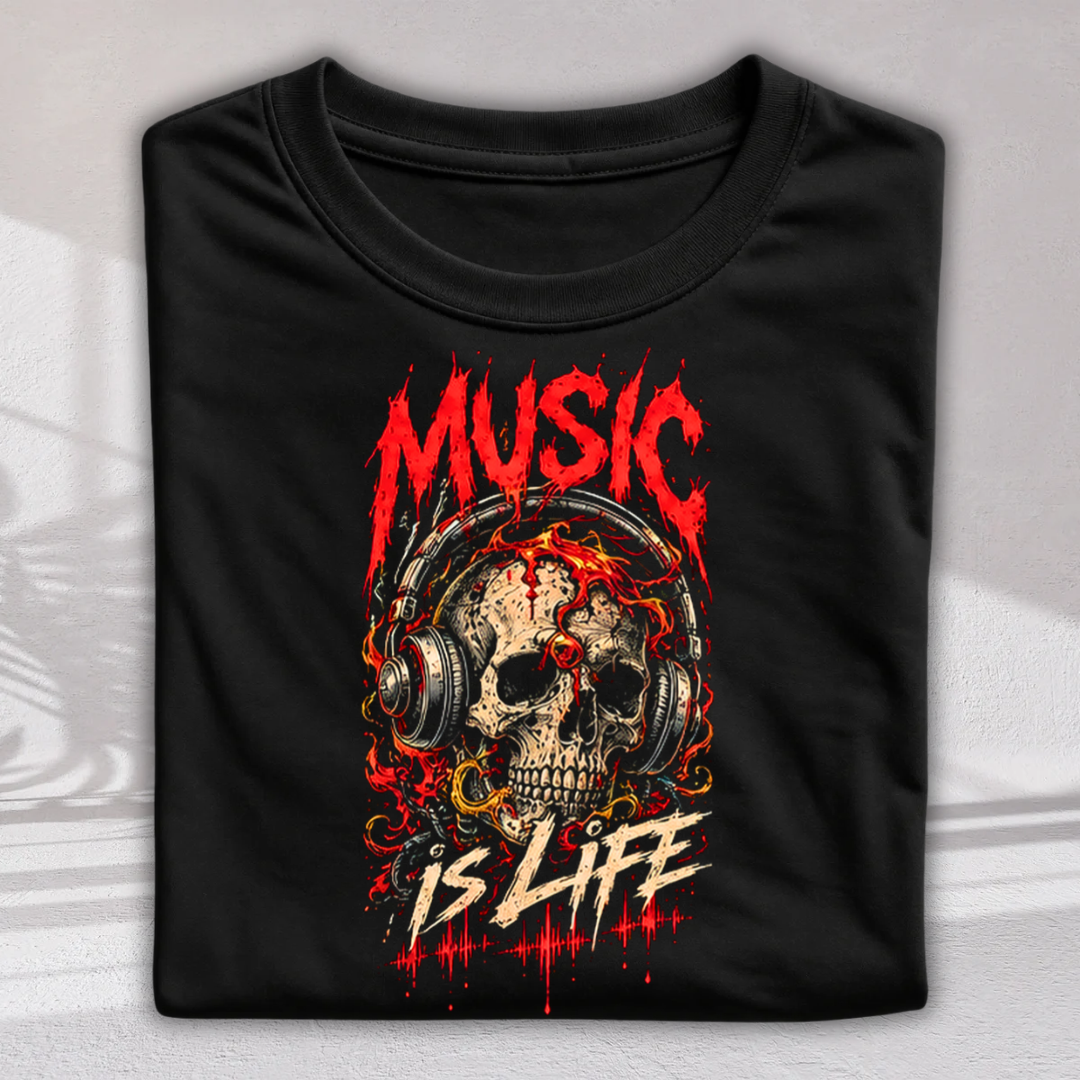 A black short-sleeve t-shirt with a graphic print featuring a skull wearing headphones, red splattered text reading 'MUSIC', and white text reading 'is LIFE' on a light gray background.