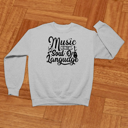 Gray sweatshirt with 'Music is the Soul of Language' text on a wooden floor