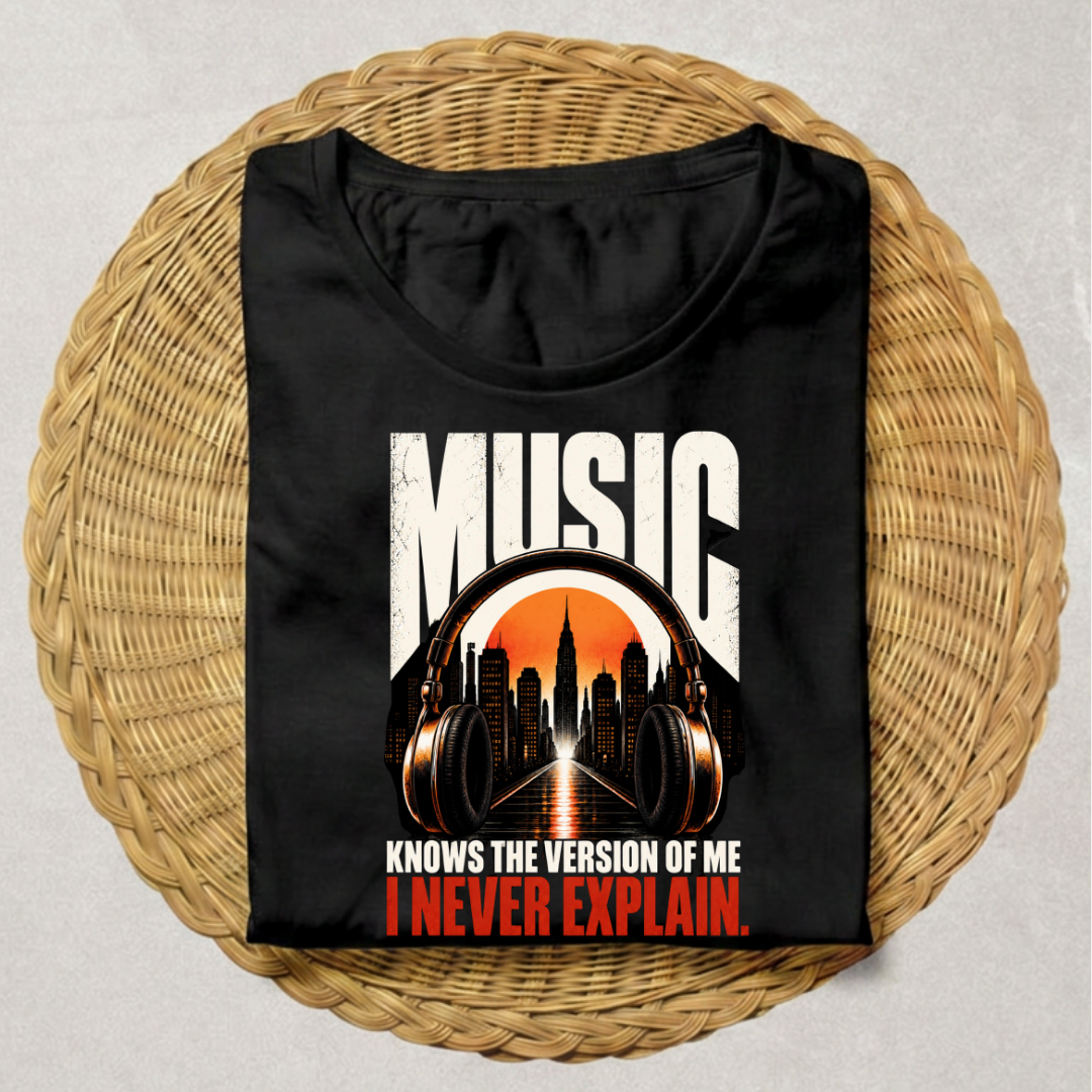 A black short-sleeve t-shirt with a graphic print, laid flat on a round woven wicker placemat. The graphic features the word 'MUSIC' in large white letters above a pair of headphones and a city skyline with an orange sunset reflection, with the text 'KNOWS THE VERSION OF ME I NEVER EXPLAIN.