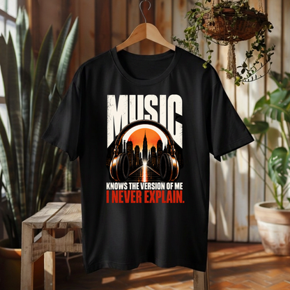 A black graphic t-shirt hanging on a wooden hanger in a rustic indoor setting with plants and a wooden bench. The shirt features a graphic of a city skyline and headphones with the text 'MUSIC KNOWS THE VERSION OF ME I NEVER EXPLAIN.