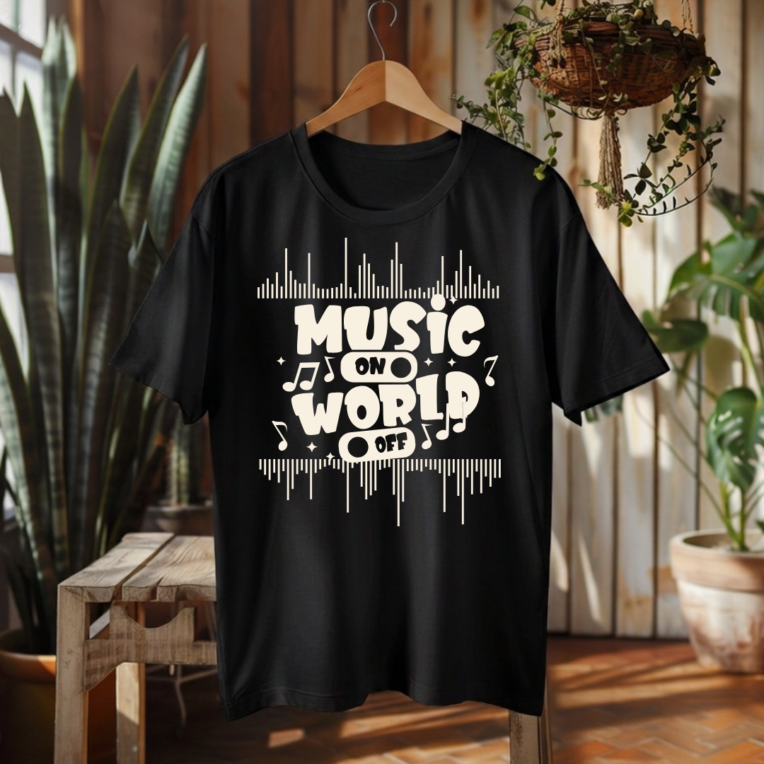 A black short-sleeve graphic t-shirt hanging on a wooden hanger against a rustic wood-paneled wall with plants. The shirt features a white graphic print that reads 'MUSIC ON WORLD' with musical notes and soundwave lines.