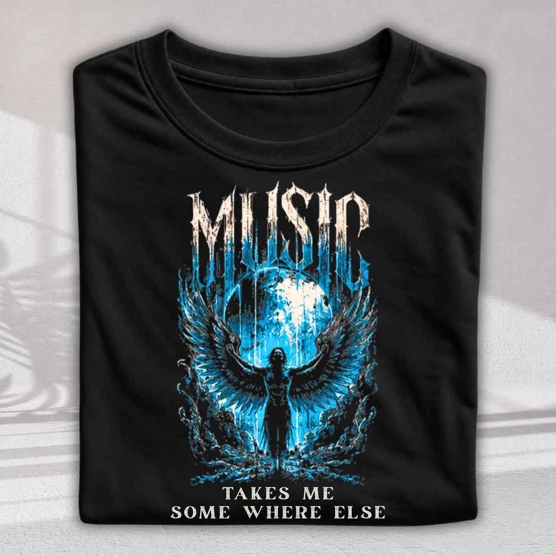 A black short-sleeve t-shirt with a graphic print featuring a winged figure and the text 'MUSIC TAKES ME SOME WHERE ELSE' in white and blue, displayed on a light gray background.