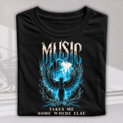 A black short-sleeve t-shirt with a graphic print featuring a winged figure and the text 'MUSIC TAKES ME SOME WHERE ELSE' in white and blue, displayed on a light gray background.