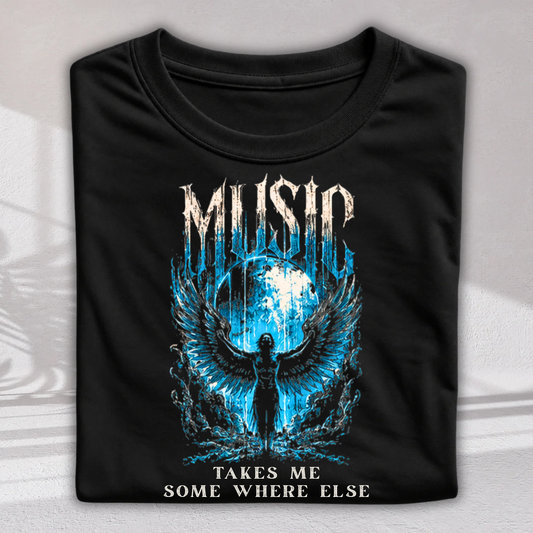 A black short-sleeve t-shirt with a graphic print featuring a winged figure and the text 'MUSIC TAKES ME SOME WHERE ELSE' in white and blue, displayed on a light gray background.