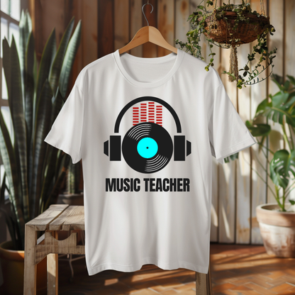 A white short-sleeve t-shirt hanging on a wooden hanger in a rustic indoor setting. The shirt features a graphic of black headphones with a vinyl record in the center, red audio bars, and the text 'MUSIC TEACHER' printed below in black.