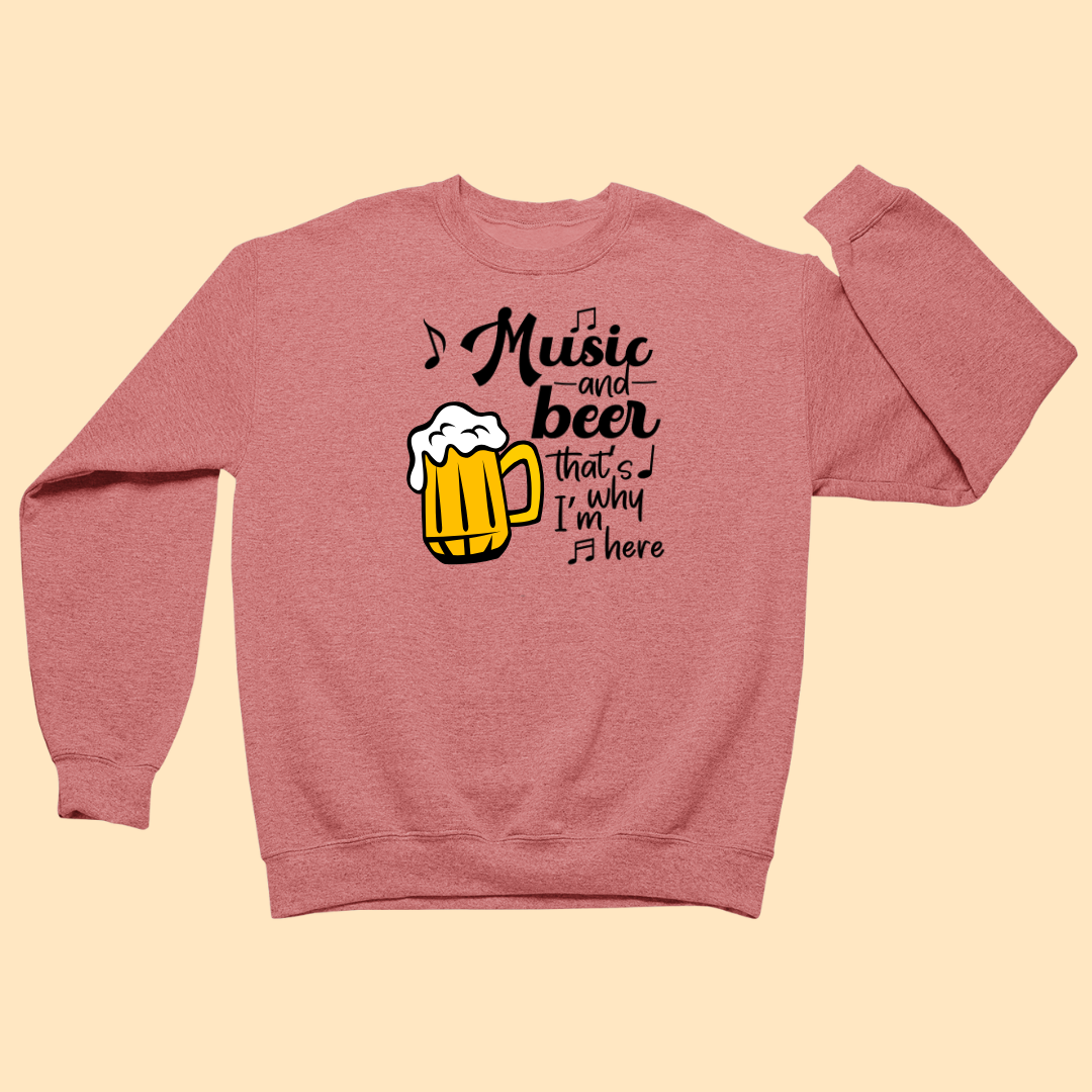 Coral sweatshirt with a graphic of a beer mug and text on a beige background
