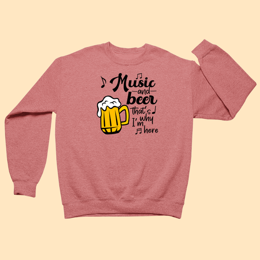 Coral sweatshirt with a graphic of a beer mug and text on a beige background