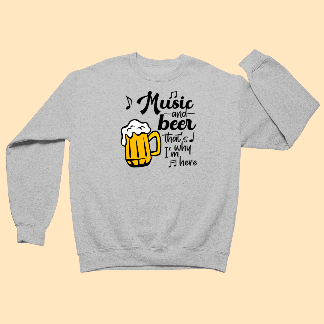 Gray sweatshirt with a graphic of a beer mug and text on a beige background