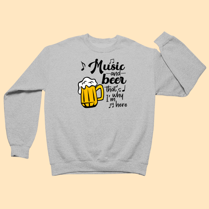 Gray sweatshirt with a graphic of a beer mug and text on a beige background