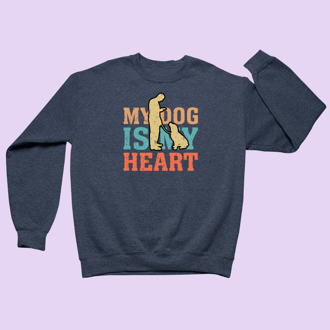 Navy blue sweatshirt with 'My dog is my heart' text and graphics on a light purple background