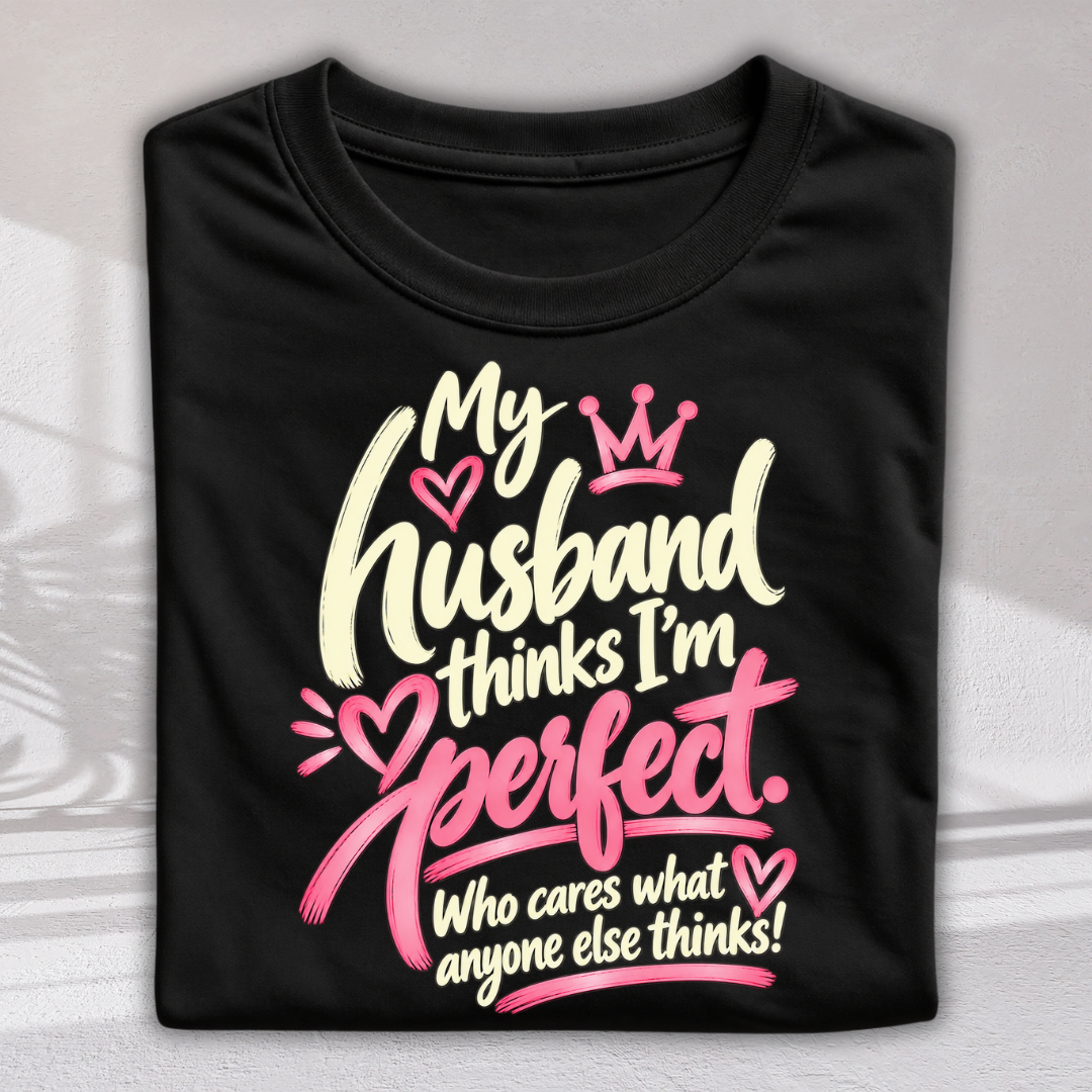 A folded black t-shirt with a humorous graphic print that reads 'My husband thinks I'm perfect. Who cares what anyone else thinks!' in cream and pink lettering with a small crown and heart details, displayed on a light gray background.