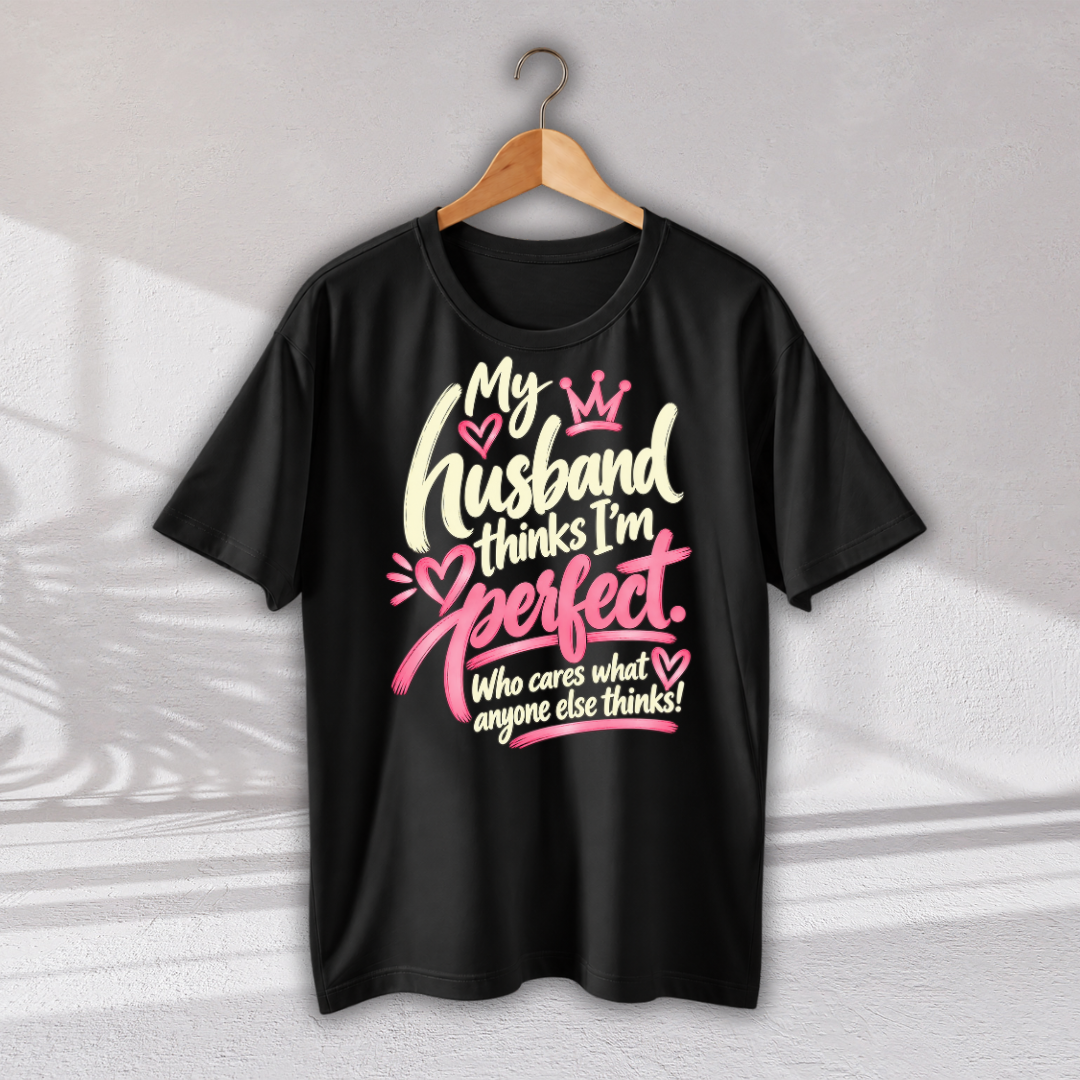 A black short-sleeve t-shirt hanging on a wooden hanger against a light gray wall. The shirt features a graphic print with the text 'My husband thinks I'm perfect.