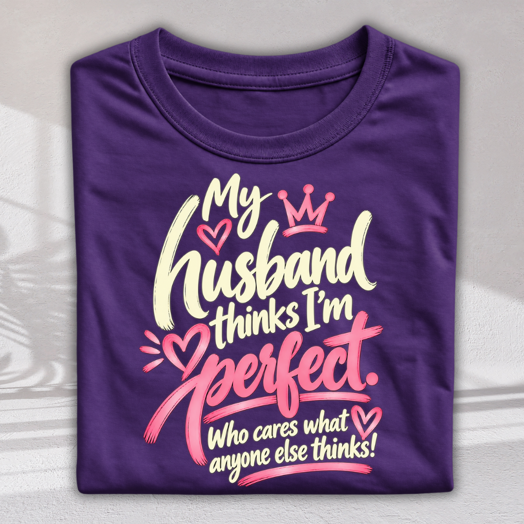 A folded purple t-shirt with a graphic print that reads 'My husband thinks I'm perfect. Who cares what anyone else thinks!' in white and pink lettering with hearts and a crown.