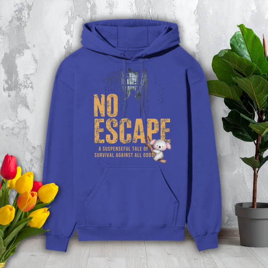 Blue hoodie with 'No Escape' text and cartoon character, placed on a surface with flowers and a plant.