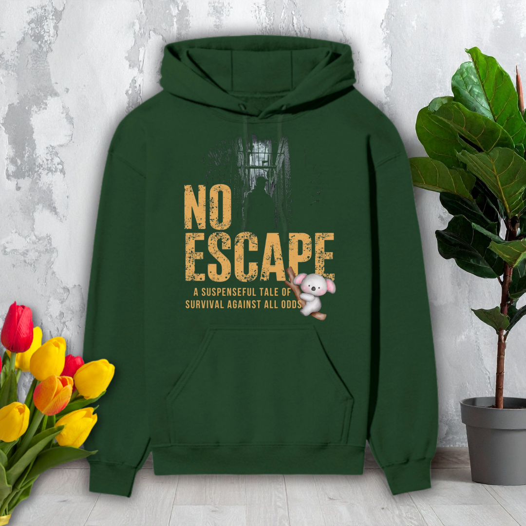 Green hoodie with 'No Escape' text and graphic, placed on a surface with flowers and a plant in the background.
