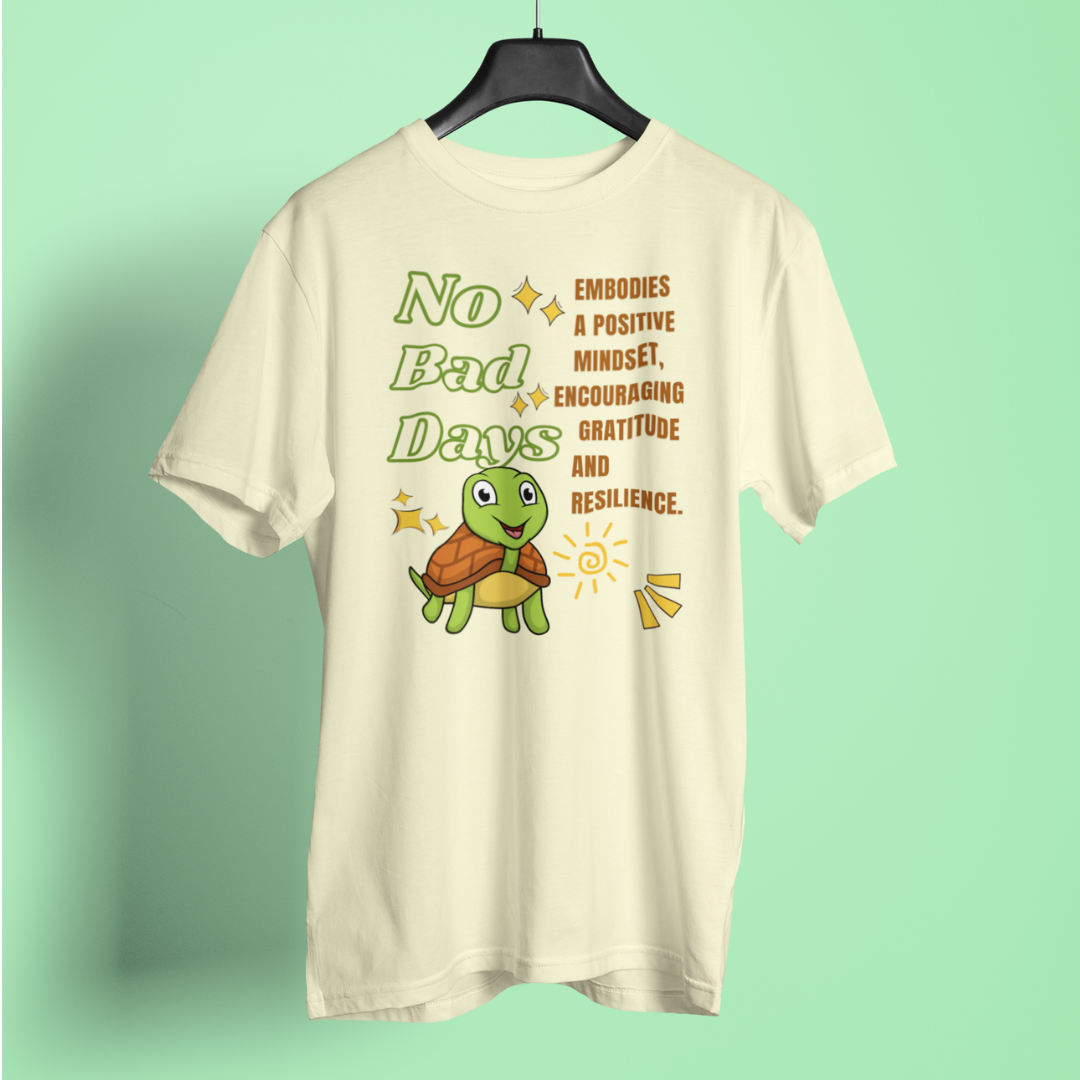 T-shirt with a turtle graphic and motivational text on a green background