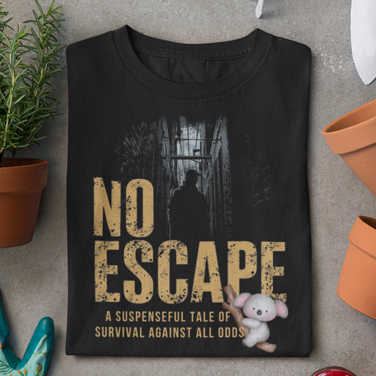 Black t-shirt with 'No Escape' graphic and text on a gray surface with plants.