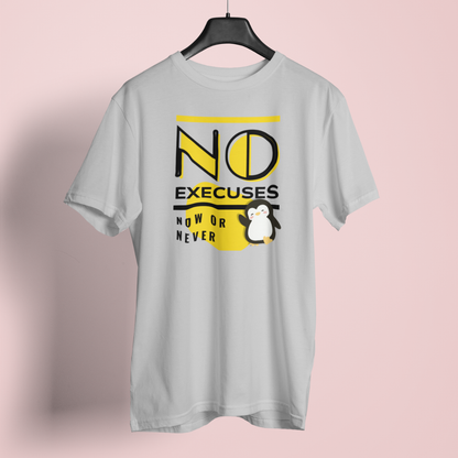 Gray t-shirt with motivational text and penguin graphic on a pink background