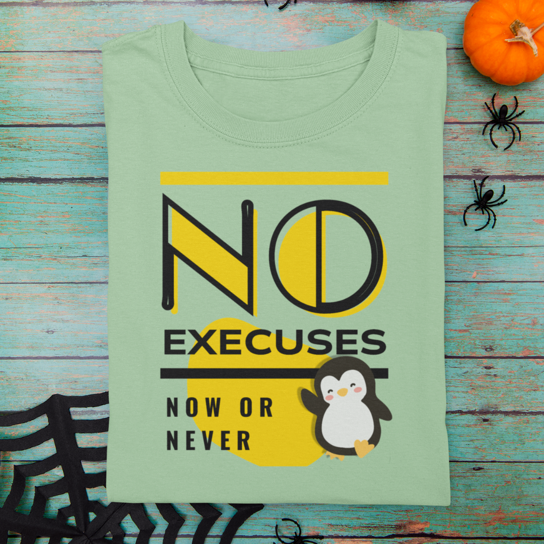 Green t-shirt with a penguin graphic and text on a wooden surface with Halloween decorations.