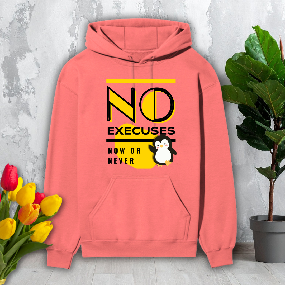 coral hoodie with motivational text and penguin graphic on a light gray surface with flowers and a plant.