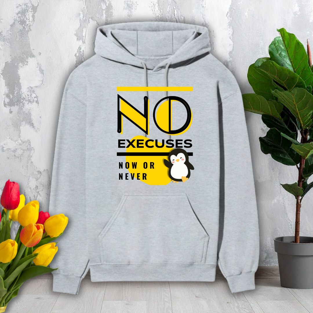Gray hoodie with motivational text and penguin graphic on a light gray background with flowers and a plant.