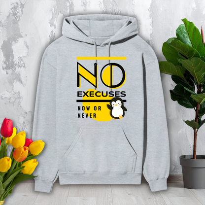 Gray hoodie with motivational text and penguin graphic on a light gray background with flowers and a plant.