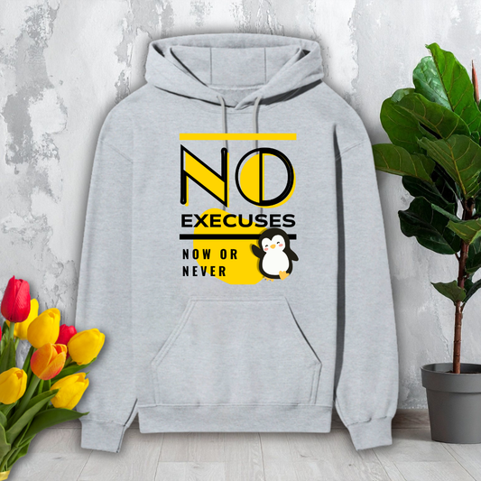 Gray hoodie with motivational text and penguin graphic on a light gray background with flowers and a plant.