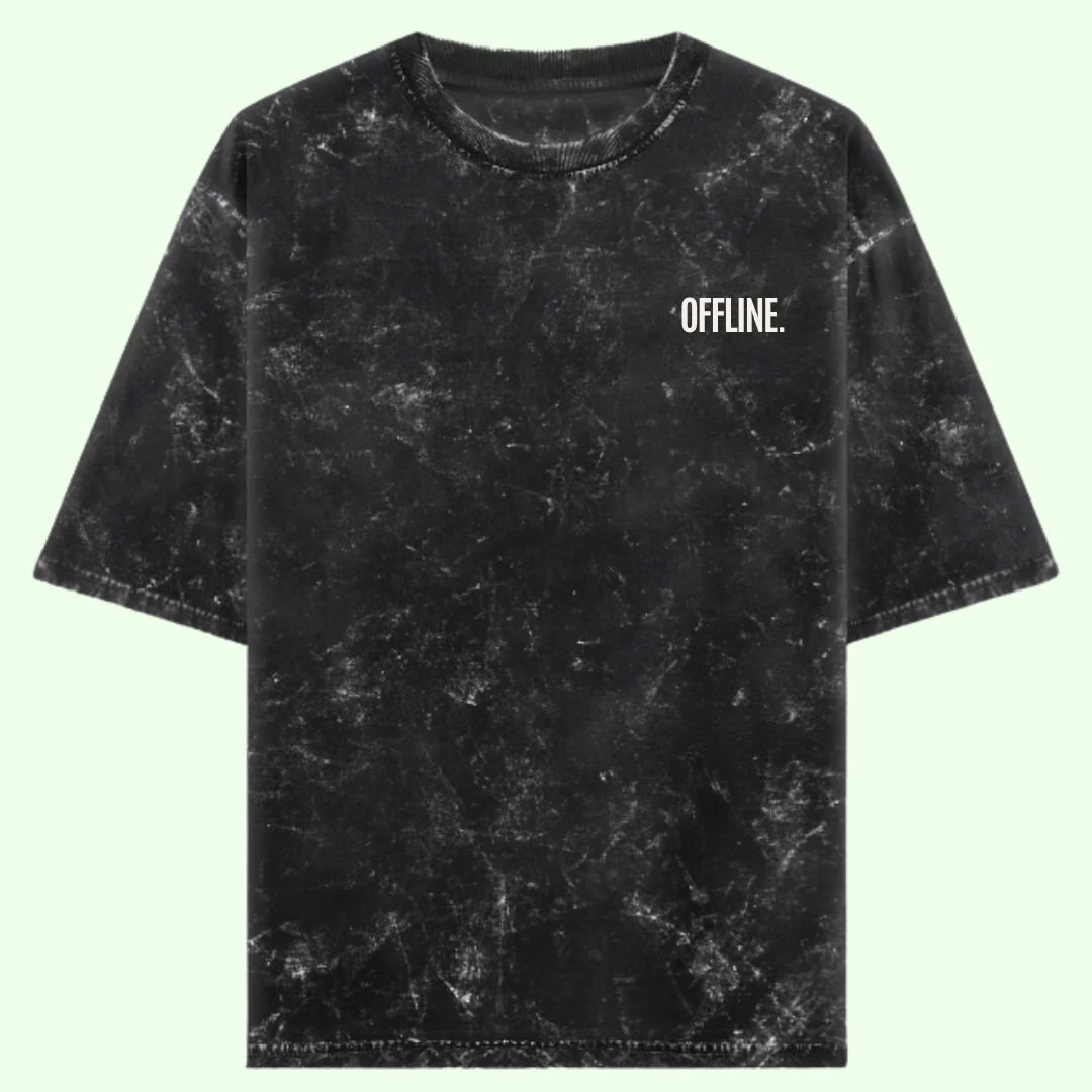 Black marbled t-shirt with 'OFFLINE.' text on a light green background