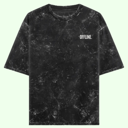 Black marbled t-shirt with 'OFFLINE.' text on a light green background