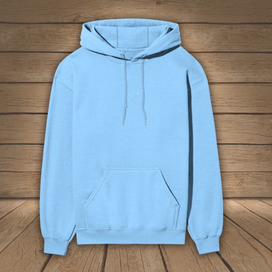Light blue hoodie on a wooden surface