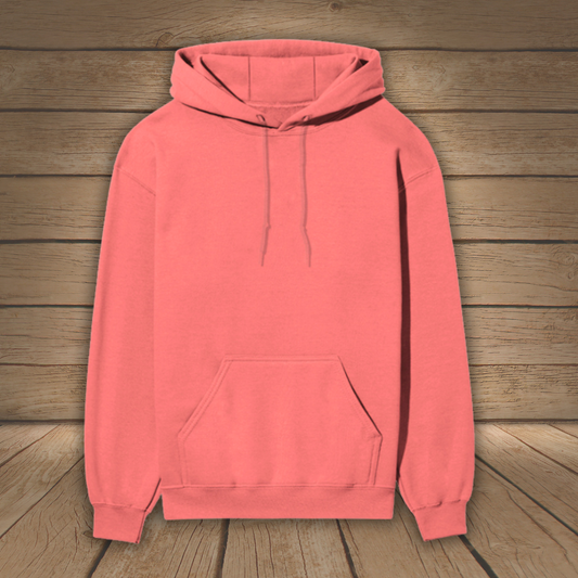 Coral hoodie on a wooden background
