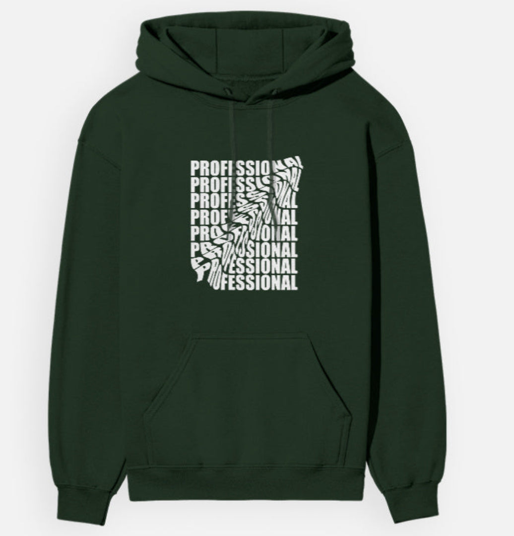 Green hoodie with 'Professional' text design on a white background