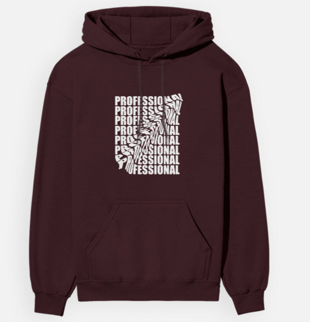 Maroon hoodie with 'professional' text design on a white background