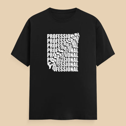 Black t-shirt with 'PROFESSIONAL' text design on a beige background