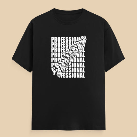 Black t-shirt with 'PROFESSIONAL' text design on a beige background