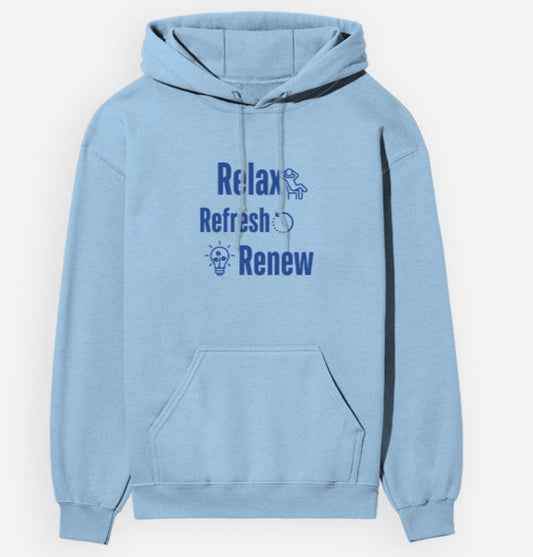 Light blue hoodie with text 'Relax Refresh Renew' on a white background