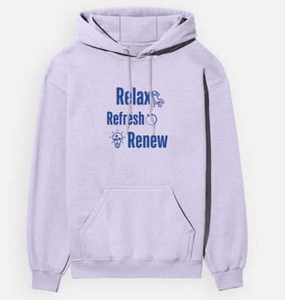 Light purple Lavender hoodie with blue text on a white background
