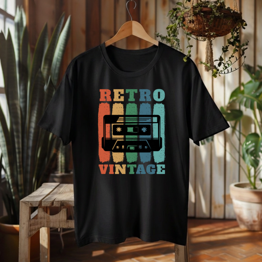 A black short-sleeve T-shirt hanging on a wooden hanger in a rustic indoor setting with plants and wood furniture. The shirt features a retro cassette tape graphic with the words 'RETRO VINTAGE' in multicolored block letters.