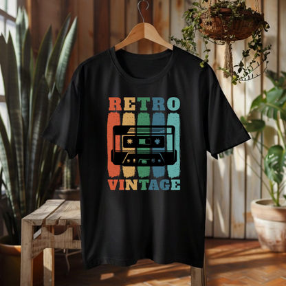 A black short-sleeve T-shirt hanging on a wooden hanger in a rustic indoor setting with plants and wood furniture. The shirt features a retro cassette tape graphic with the words 'RETRO VINTAGE' in multicolored block letters.