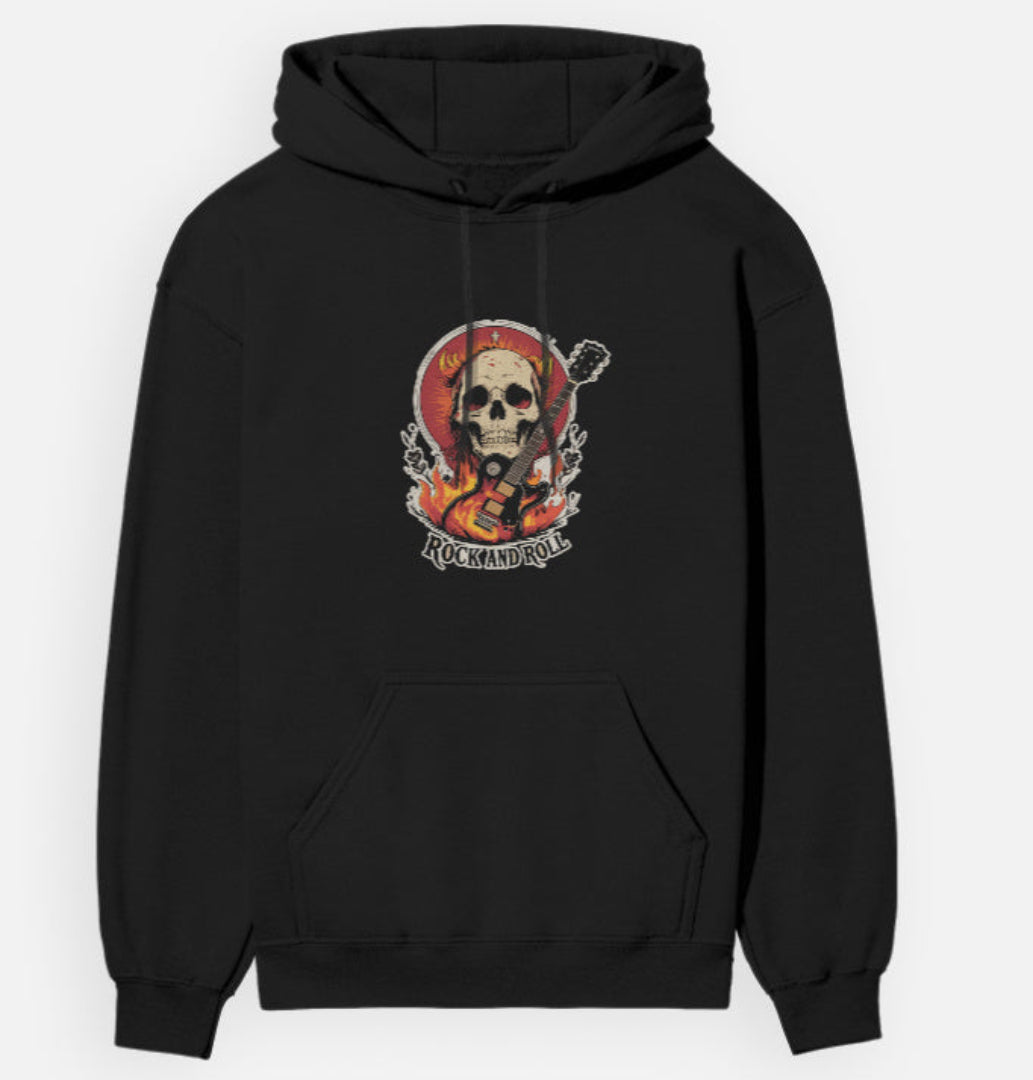 Black hoodie with a graphic design of a skull and guitar on a white background