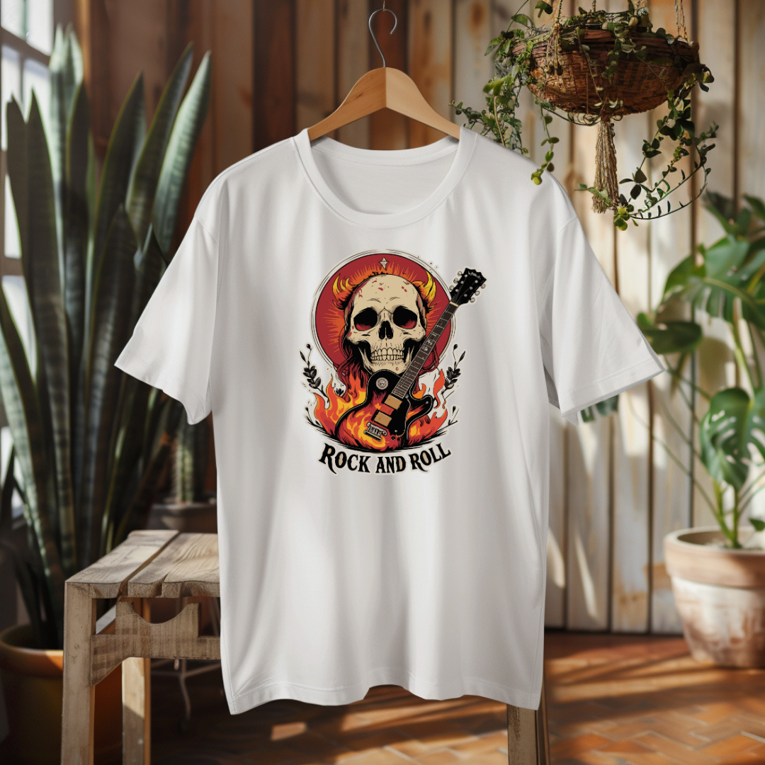 White t-shirt with a skull and guitar design on a hanger in a room with plants.