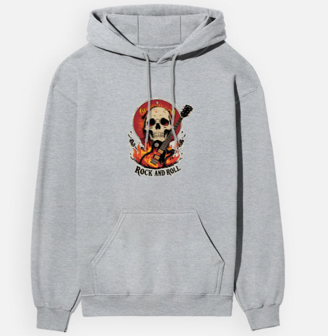 Gray hoodie with a skull and guitar graphic and 'Rock and Roll' text on a white background