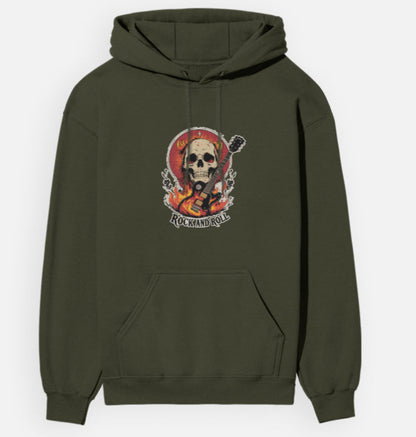 Green hoodie with a skull and guitar design on a white background