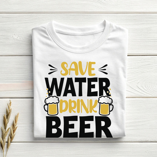 White t-shirt with 'Save Water Drink Beer' text on a wooden surface