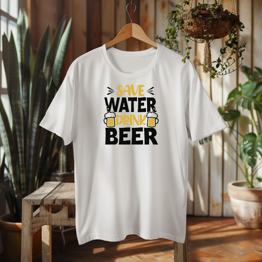 White t-shirt with 'Save Water Drink Beer' text on a wooden hanger against a plant-filled room background.