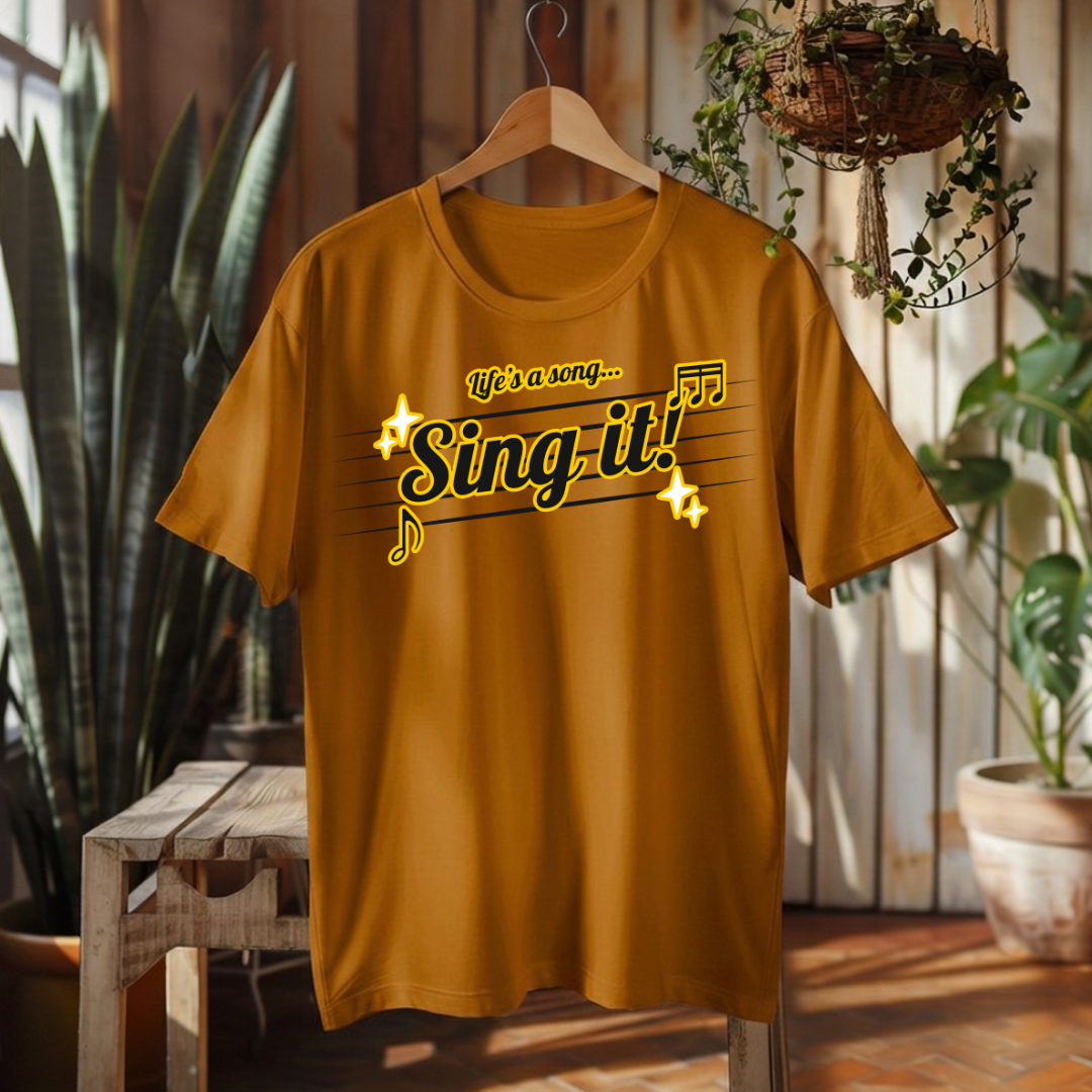 A mustard yellow t-shirt hanging on a wooden hanger in a rustic indoor setting with plants and a wooden bench. The shirt features a graphic on the chest that reads 'It's a song.