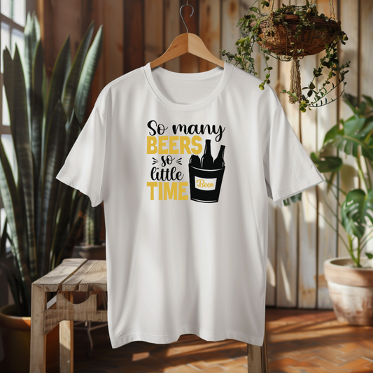 White t-shirt with humorous print on a hanger in a room with plants