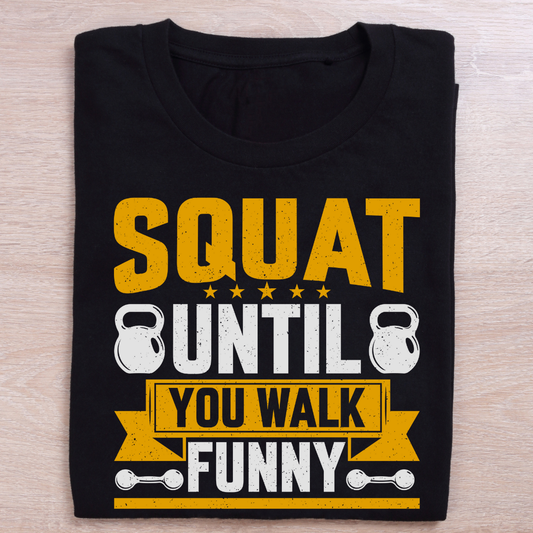 Black t-shirt with yellow and white text and graphics on a wooden surface